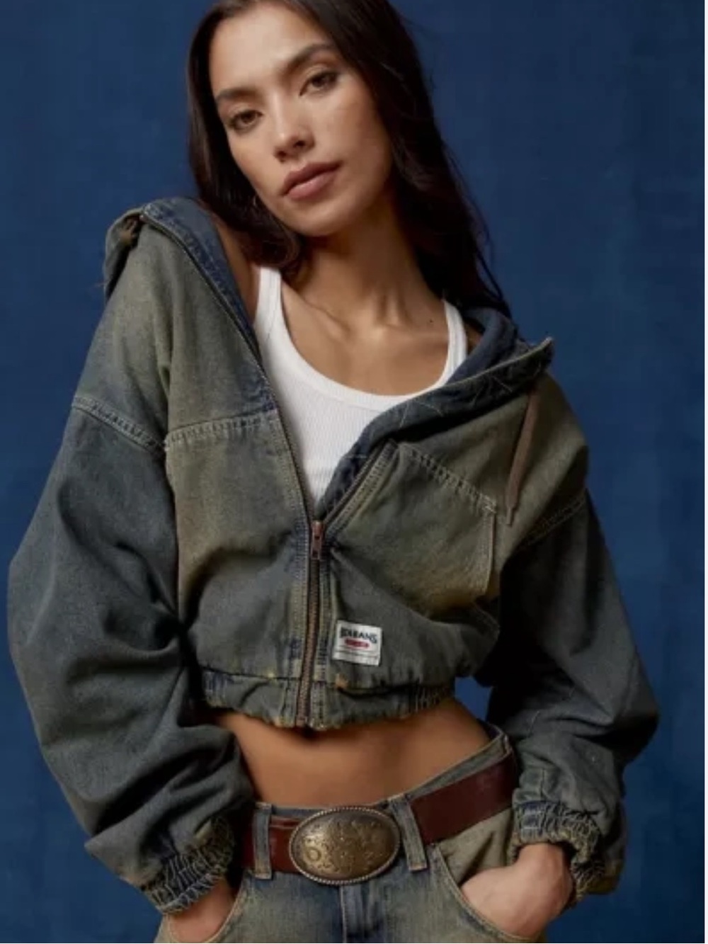 BDG Daria Heavy Duty Denim Hooded Zip-up Baggy Thrashed Crop Jacket Size Small